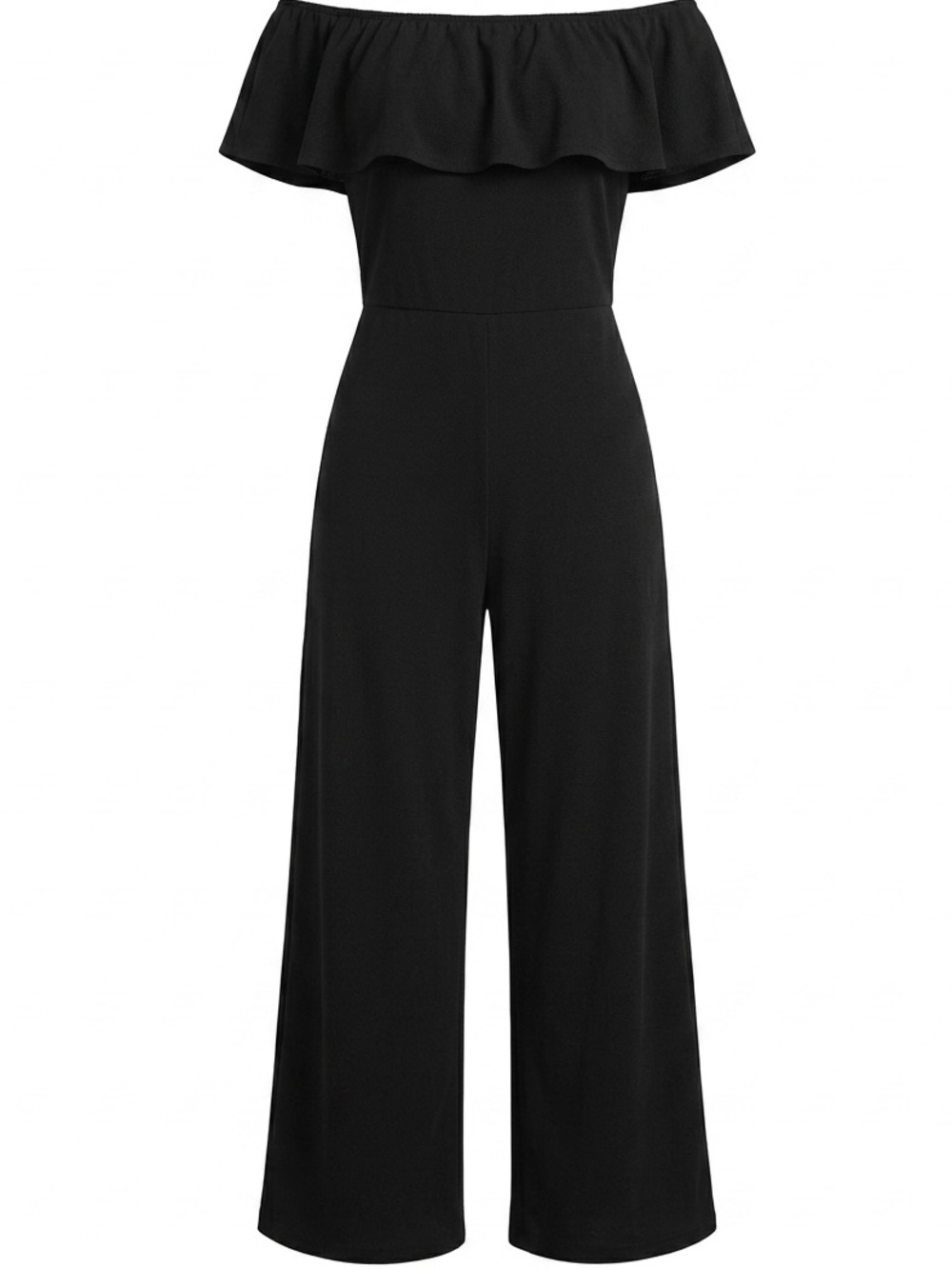 Whimsigoth Black Ribbed Jumpsuit Off Shoulder Ruffle Wide Leg Belted Romper XL - Picture 3 of 4
